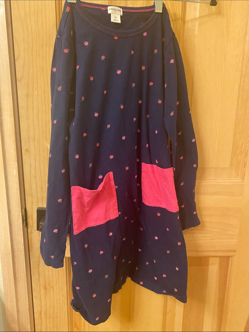 Crewcuts navy knit dress with hot pink pockets and dot print